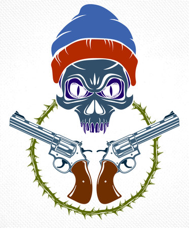 Anarchy and Chaos aggressive emblem or logo with wicked skull, vector vintage scull tattoo, rebel gangster criminal and revolutionary.のイラスト素材