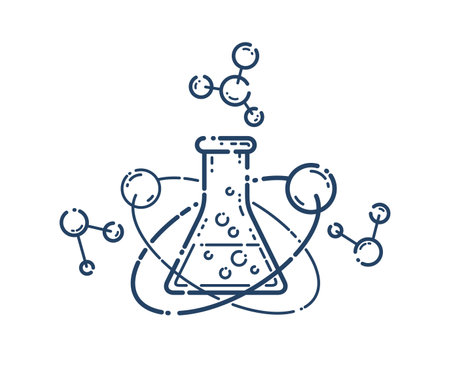 Chemical flask and molecule connections vector simple linear icon, science chemistry line art symbol, laboratory research.のイラスト素材