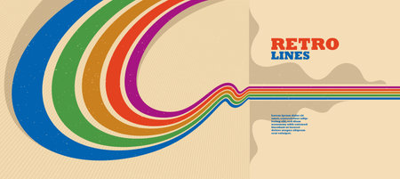 Retro lines vector abstract background, 3D dimensional perspective vintage graphic design art poster, wallpaper in a style of seventieth.のイラスト素材