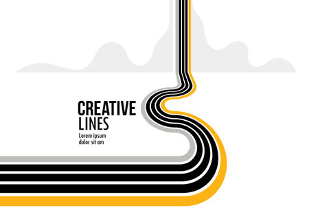Future lines in 3D perspective vector abstract background, black and yellow linear composition, road to horizon and sky concept, optical illusion op art.のイラスト素材
