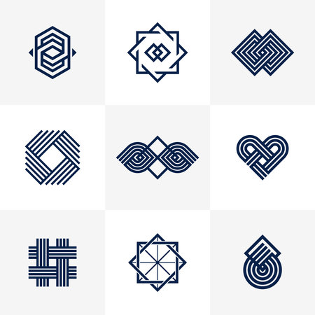Graphic design elements for logo creation, intertwined lines vintage style icons collection, abstract geometric linear symbols vector set.のイラスト素材