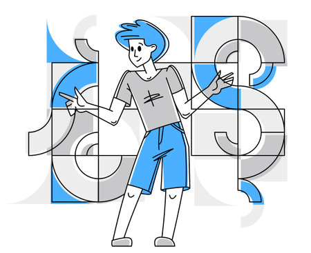 Creative worker doing some job and creating some system, inspired inventive designer or engineer composing abstract elements, vector outline illustration.のイラスト素材
