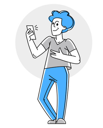 Young man with smartphone vector outline illustration.のイラスト素材