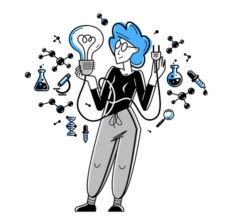 Scientist discovering science theory and making experiments vector outline illustration, theoretical science research or invention, education learning university.のイラスト素材