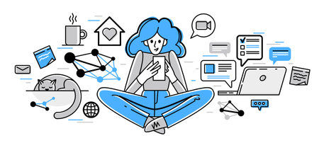 Freelancer working from home vector outline illustration, self-employed person busy with online work, professional doing some creative job on internet.のイラスト素材