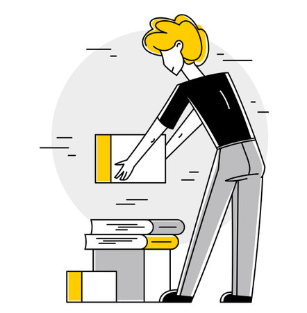 Moving to new apartment or business moving to new office, person carry and unpack boxes with stuff, beginning of new life, vector outline illustration.のイラスト素材
