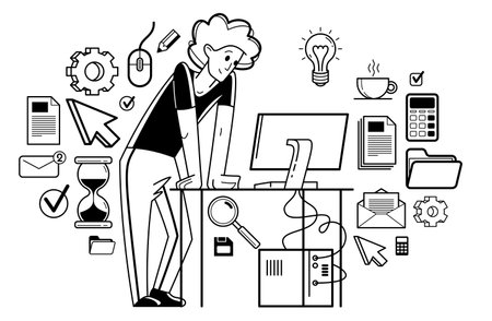 Intellectual worker making analysis of some data on pc or web, data systematization, collecting and analyzing information, vector outline illustration.のイラスト素材