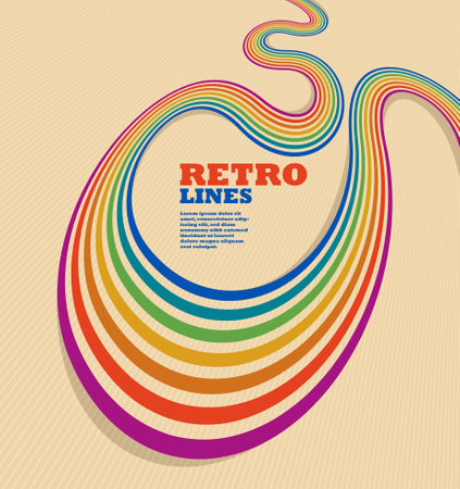 Retro style abstract background with curve lines in all colors of rainbow, 3D dimensional seventieth vector art.のイラスト素材