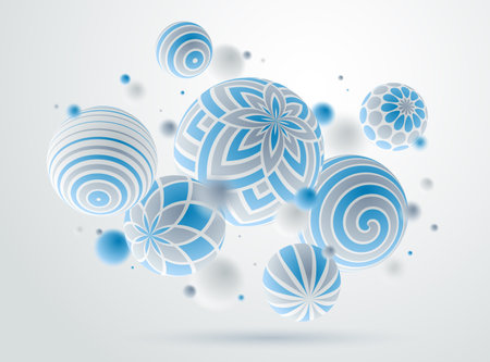 Abstract spheres vector background, composition of flying balls decorated with patterns, 3D mixed variety realistic globes with ornaments, realistic depth of field effect.のイラスト素材