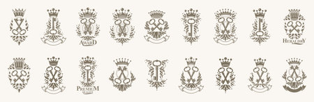 Keys logos big vector set, vintage heraldic turnkeys emblems collection, classic style heraldry design elements, ancient designs. secret.のイラスト素材