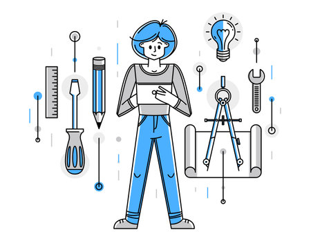 Engineer working on a project, mechanic specialist doing his job on draft plan vector outline illustration, creative inventor, machine repair.のイラスト素材