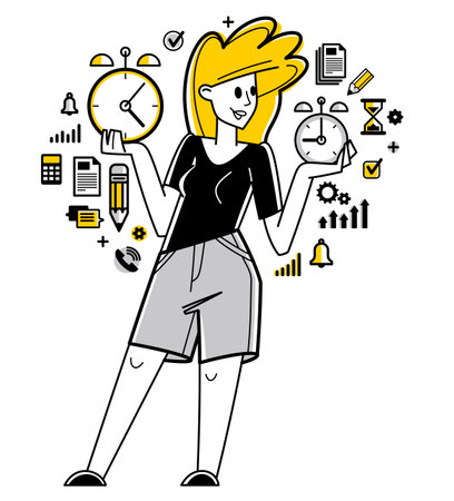 Business worker planning tasks and create time management vector outline illustration, productivity multitask prioritization, deadline and zero hour.のイラスト素材