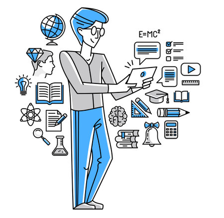 Online education in university or collage, student is doing homework or preparing for remote exam, vector outline illustration, distance study sciences and graduate.のイラスト素材