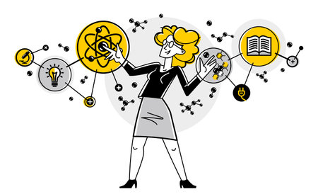 Scientist discovering science theory and making experiments vector outline illustration, science research or invention, physics and chemistry.のイラスト素材