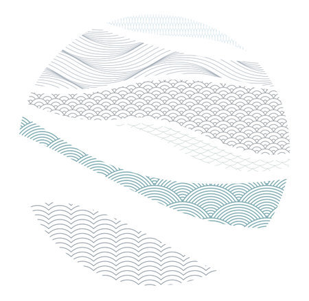 Oriental Japanese style vector abstract illustration in a shape of circle, background in Asian traditional style, wavy shapes and mountains terrain, runny like sea lines.のイラスト素材