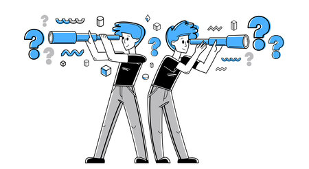 Young people making some inquiry and collecting data for analysis, vector outline illustration, exploration and research for business or science, answer the questionsのイラスト素材