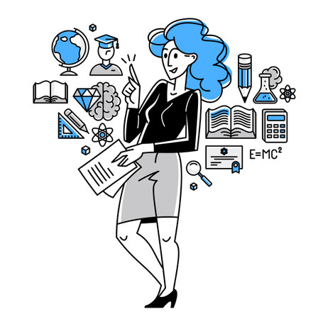 Education in university or collage, student is doing homework or preparing for exam, vector outline illustration, study sciences and graduate.のイラスト素材