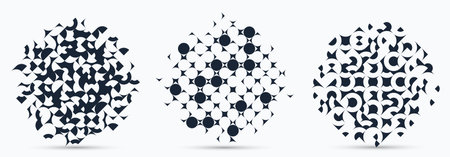 Abstract geometric backgrounds set isolated, vector black and white design elements in retro style of 70s, modern complex compositions with geometrical shapes.のイラスト素材