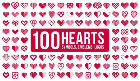 100 hearts geometric linear logos vector icons or logotypes big set, graphic design modern style elements, love care and charity geometrical symbols collection.のイラスト素材