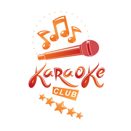 Stage microphone audio equipment composed with musical notes, can be used as vector emblem for karaoke club advertising and nightclub discotheque invitation poster.のイラスト素材