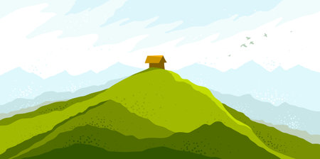 Beautiful scenic nature landscape vector illustration summer or spring season with grasslands meadows hills and mountains, hiking traveling trip to the countryside concept.のイラスト素材