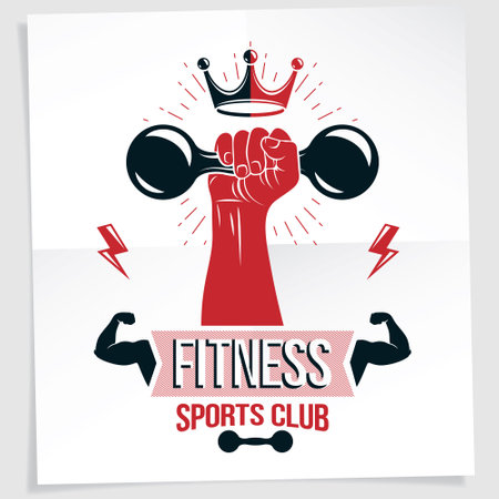 weightlifting club promotion flyer. Strong muscular arm holds dumbbell, vector illustration.のイラスト素材