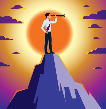 Businessman looking for opportunities in spyglass standing on top peak of mountain business concept vector illustration, successful young handsome business man searches new perspectives.のイラスト素材