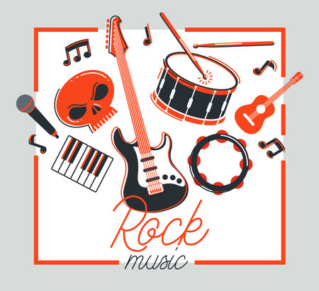 Rock music band vector poster flat illustration isolated over white background, hard rock and heavy metal live sound festival or concert flyer or advertising banner, rock n roll musical band playing.のイラスト素材
