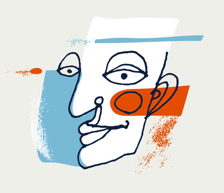 Abstract man face vector artwork, modern trendy portrait art, hand drawn surreal beauty, minimal artistic design, painted sur human head.のイラスト素材