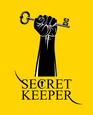 Hand up holding big vintage turnkey, vector logo or sign symbolized kept secret, personal data protection, antivirus internet security.のイラスト素材