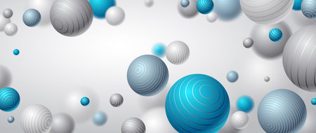 Abstract spheres vector background, composition of flying balls decorated with lines, 3D mixed realistic globes, realistic depth of field effect.のイラスト素材