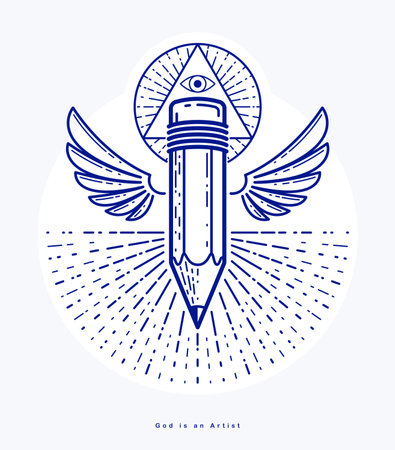 God is a designer concept, pencil with wings and all seeing eye of God in sacred geometry triangle, god is an artist, vector logo or icon in trendy linear style.のイラスト素材