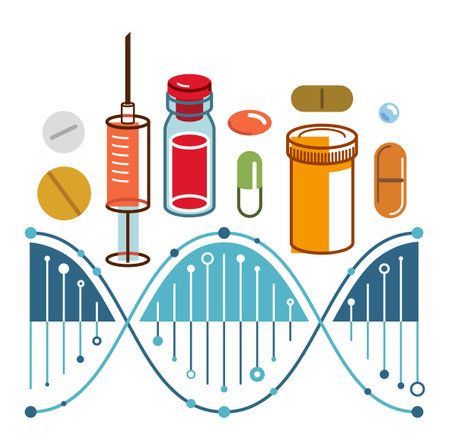 DNA strand based medical theme composition with lots of different drugs and meds vector illustration isolated, drugstore or medical biotechnology scientific research.のイラスト素材