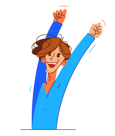 Happy boy excited with winner gesture vector illustration, young man saying yes to success and goal cartoon drawing, champion win.のイラスト素材
