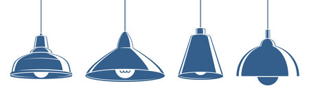 Different ceiling lamps for interior simple vector icons set, electric illumination.のイラスト素材