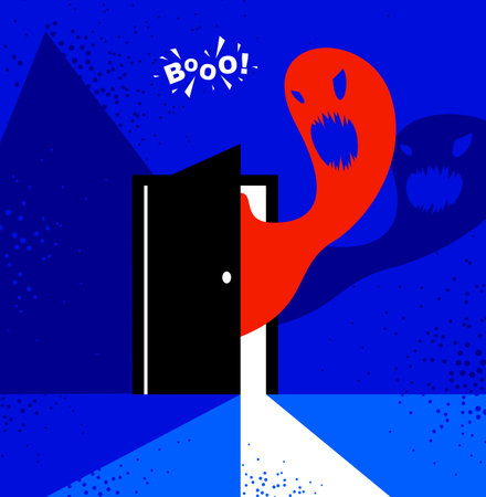 Nightmare monster comes into dark room bedroom vector stylish illustration, funny cartoon ghost creature frightening looking inside, horror theme drawing.のイラスト素材