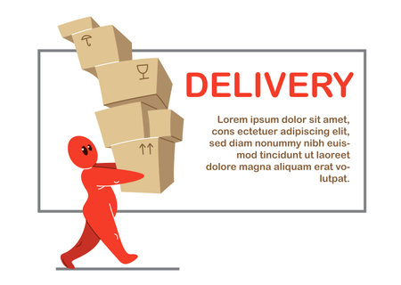 Delivery courier funny cartoon man carrying a lot of boxes vector flat style illustration isolated on white, office worker, internet retail and home delivery concept.のイラスト素材