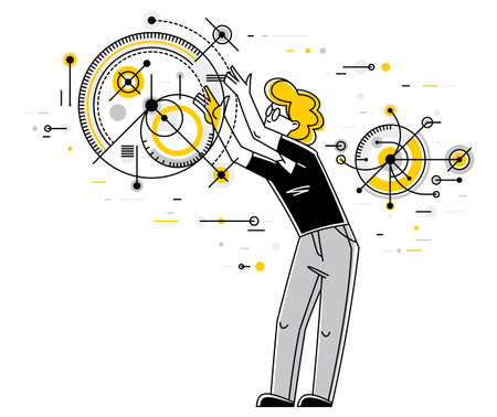 Mechanic engineer working on a draft plan vector illustration, inventor or repair job, engineering machine industry, system technician.のイラスト素材