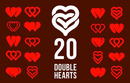 Double two hearts vector icons or set, wedding and couple concept romantic theme, care and togetherness, two linked hearts connected.のイラスト素材