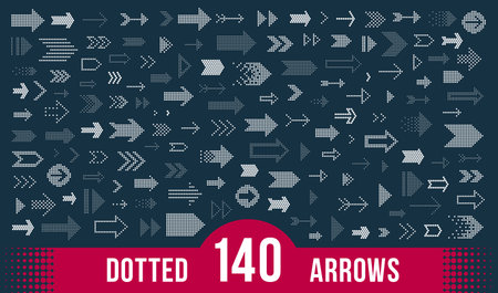 Dotted arrows big vector set of icons or , collection of direction cursors made with dots, perforated symbols, different shapes arrows for graphic design usage.のイラスト素材