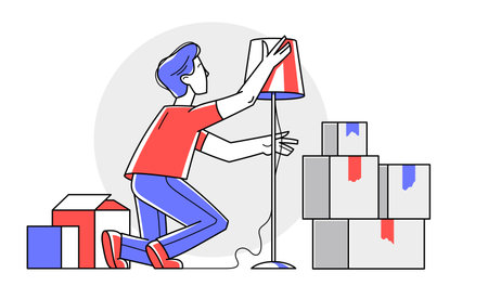 Moving to new apartment or business moving to new office, person carry and unpack boxes with stuff, beginning of new life, vector outline illustration.のイラスト素材