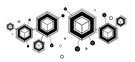 Abstract tech geometric vector background over dark, connected cubes technology network or science theme, digital system abstraction.のイラスト素材