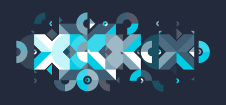 Abstract artistic geometric vector background over dark, Bauhaus style wallpaper design, trendy retro art, Memphis style decoration.のイラスト素材