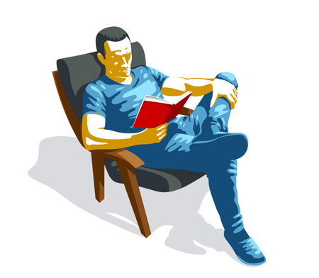 Young man reading book in comfortable armchair vector illustration isolated.のイラスト素材