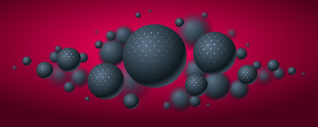 Abstract dotted spheres vector background, composition of flying balls decorated with dots, 3D mixed realistic globes, realistic depth of field effect.のイラスト素材