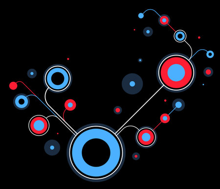 Abstract tech geometric vector background over dark, connected circles technology network or science theme, digital system abstraction.のイラスト素材