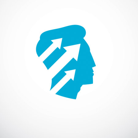 Successful man vector logo or icon design. Man head profile with arrows moving up. businessman or business concept.のイラスト素材