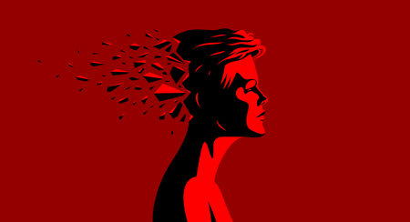 Woman profile with exploding dynamic particles in motion vector illustration, mindfulness philosophical and psychological theme, meditation and awareness.のイラスト素材