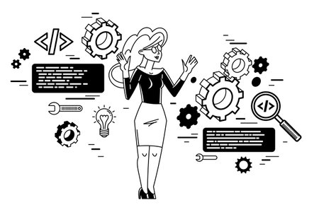 Mechanic engineer working on a draft plan vector illustration, inventor or repair job, engineering machine industry, system technician.のイラスト素材