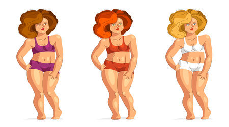 Attractive and sexy plus size woman isolated on white, vector illustration concept of body positivity health and happiness, love and accept your body idea, hair colors set.のイラスト素材